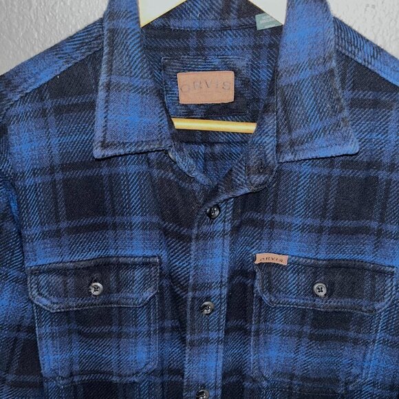 ORVIS Heavy Flannel Button Down Shirt Shacket - Black & Blue Plaid - EUC - LARGE - Picture 2 of 9